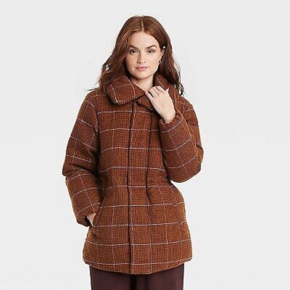 Women's Mid Length Relaxed Puffer Jacket - A New Day Brown M - Picture 1 of 2